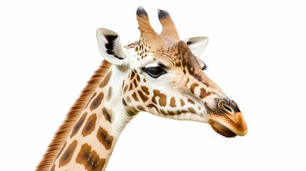 Obraz premium Giraffe head portrait, zoo setting, white background, wildlife photography, ideal for nature documentaries