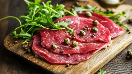 Deliciously Beef carpaccio with capers and arugula, close up view