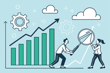 Business growth, data analysis, teamwork, upward trend graph, magnifying glass, blue background, minimalist illustration, flat design, infographic style, cloud icons, green data points, business peopl