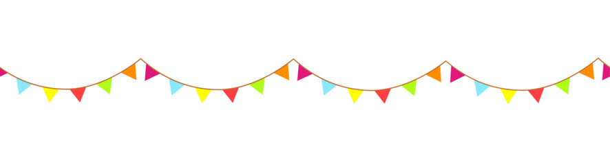 Seamless festive garland of flags in cartoon style. Vector illustration of colored garlands with flags different colors: purple, blue,yellow, red,green,orange, isolated on white background.Decoration. © Kateryna_Malovana
