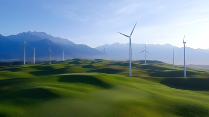 Green hills, wind turbines, mountain backdrop; sustainable energy landscape