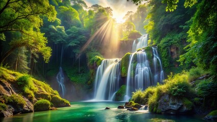Fototapeta premium Mystical Waterfall Double Exposure: Lush Green Landscape & Dreamy Cascade
