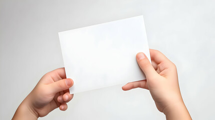 Hands holding blank white card, mockup, gray background, design template