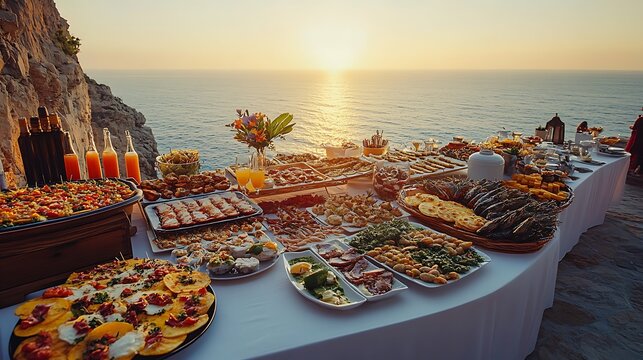Mediterranean Feast Spread with Diverse Appetizers, Enticing Main Courses, Seaside at sunset setting