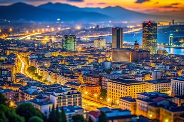 Fototapeta premium Naples Night Skyline: Capodimonte Hilltop Macro View of Illuminated Skyscrapers in June