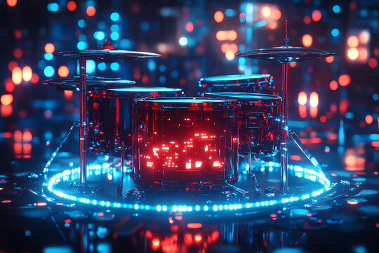 A glowing digital drum set with vibrant holographic beats, symbolizing rhythm and energy