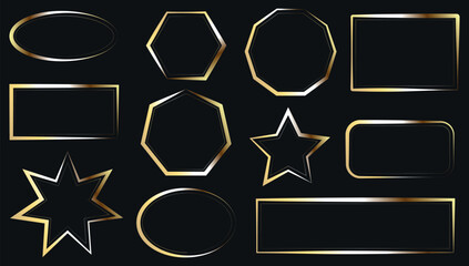 Set of gold metal frames of different shapes on a black background. Empty space for an image, painting, postcard, photograph, text. Vector illustration