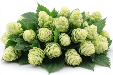 Obraz premium a lush cluster of fresh green hop cones with vibrant leaves showcasing the beauty of natures bounty encapsulating the essence of brewing and the agricultural roots of craft beer