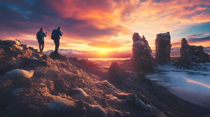 Obraz premium Hikers Enjoying a Scenic Sunset Over Dramatic Rocks