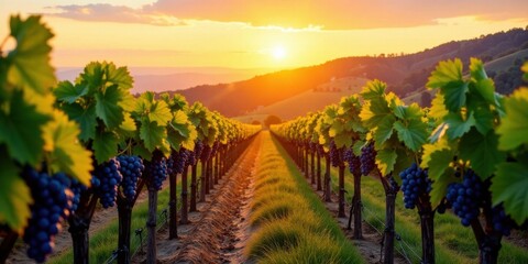 Fototapeta premium Golden Hour Vineyard Rows at Sunset Lush Grapevines Heavy with Ripe, Dark Berries