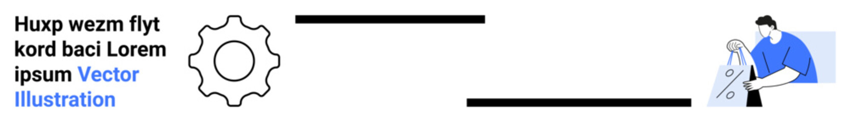 Cartoon man welding metal with gear icon and placeholder text. Ideal for industrial themes, engineering, technical processes, mechanical work, manufacturing, crafts, and professional services