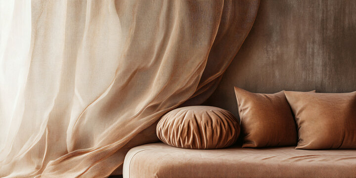 Stylish modern interior with light natral fabric and pillows of brown and mocha mousse color. Banner design template of stylish room, trendy style and advertising of designers and repair with place fo