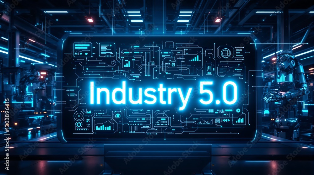 Poster futuristic factory with advanced robotics and digital interfaces symbolizing industry 5.0