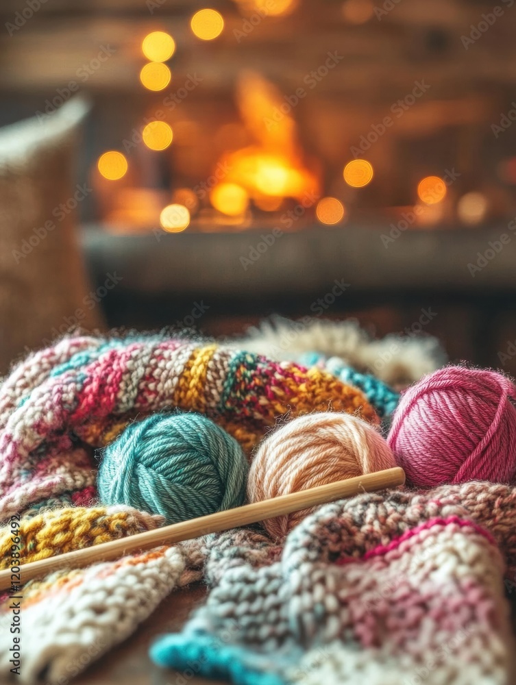 Poster cozy crafting moment with colorful yarn balls and a warm fireplace in a comfortable setting during w