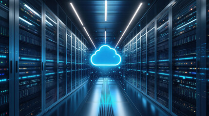 Futuristic cloud computing technology with glowing servers in data center hallway