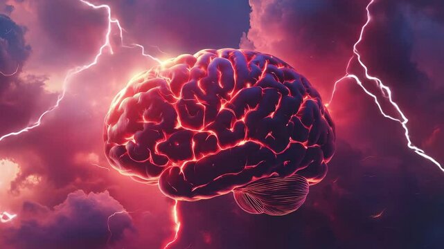 A brain model amid a dramatic display of glowing lightning and colorful clouds, concept of creative energy and brainwork