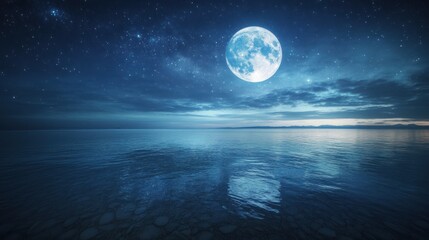 Serene Nightscape: Full Moon over Tranquil Ocean
