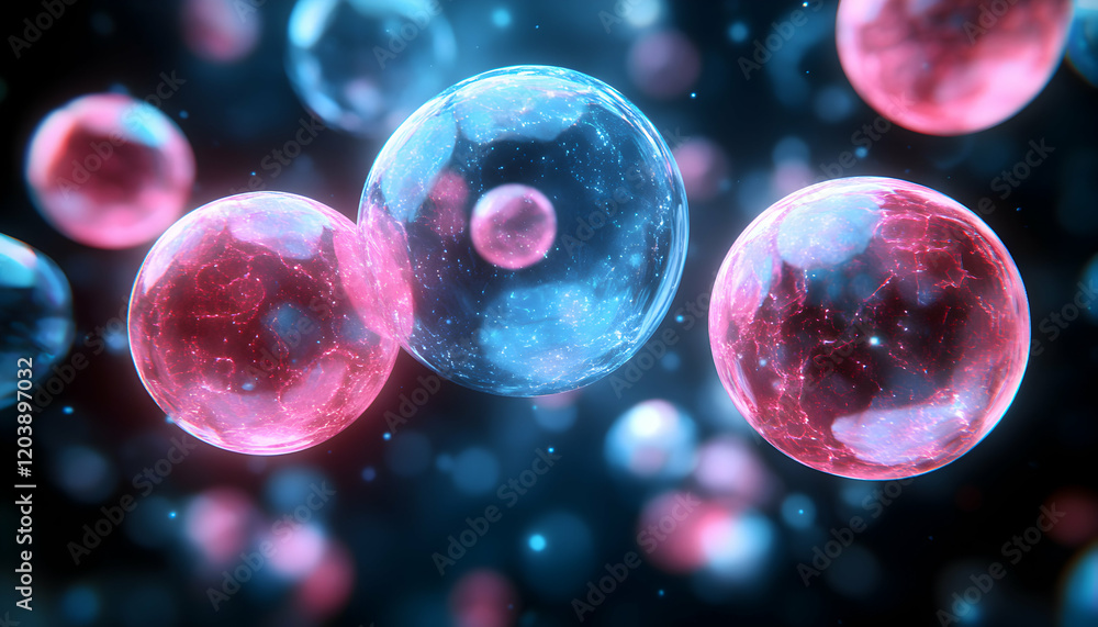 Poster abstract image of glowing spheres, representing cellular structures or cosmic entities. perfect for 