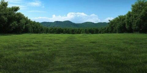 Obraz premium A vast green field framed by trees stretches towards distant hills under a bright blue sky and fluffy clouds.