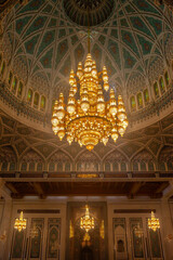 Oman, Muscat , the gigantic chandelier hung high over the men's prayer hall of the Qaboos Grand Mosque