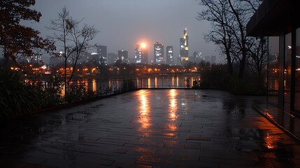 Fototapeta premium Nighttime cityscape with reflections on wet pavement, showcasing illuminated skyline and serene water