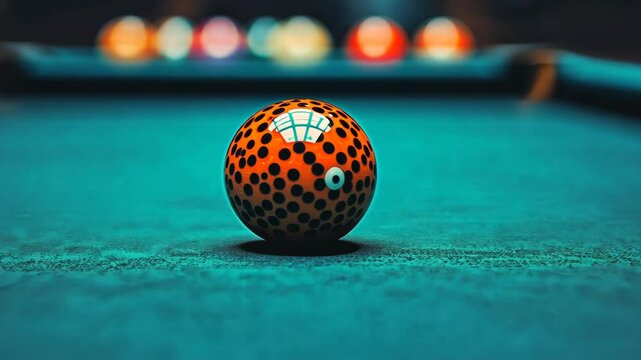 Unique orange speckled billiard ball rests on the green felt at a pool table in a dimly lit room
