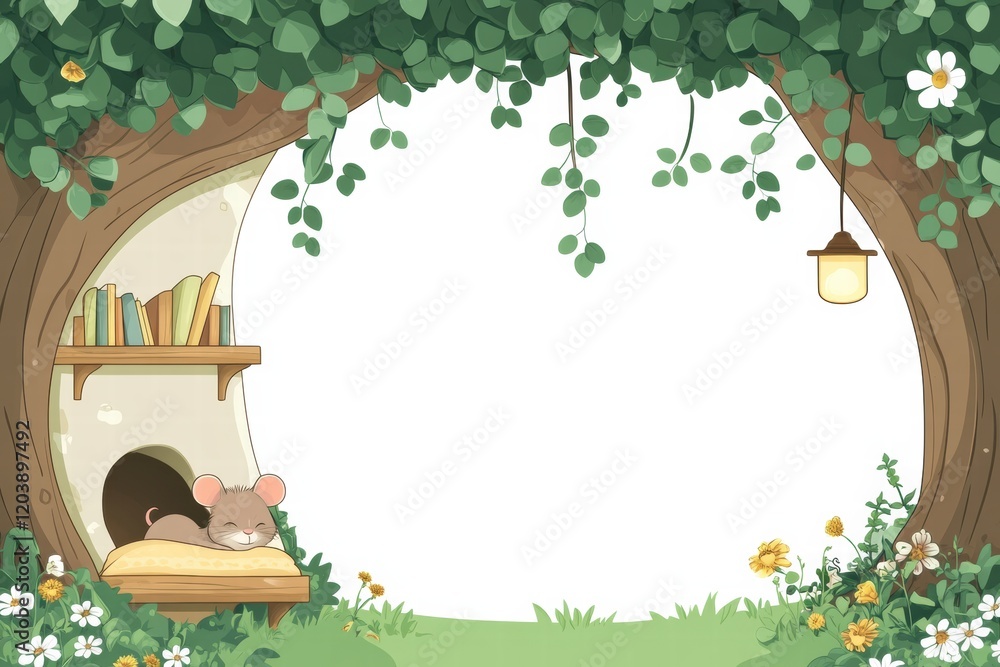 Poster Cozy mouse resting under a tree in a serene environment with shelves of books and blooming flowers. Generative AI