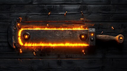 Fiery Metal Blade on Dark Wood.