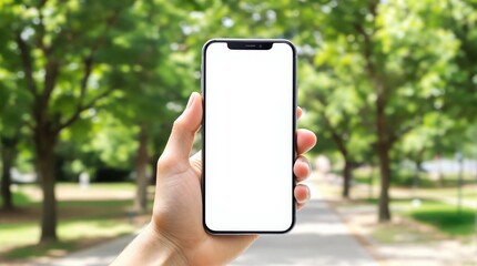 Hand holding a smartphone with a blank white screen in a natural outdoor setting featuring greenery and sunlight. Concept of mobile app design. Ai generative