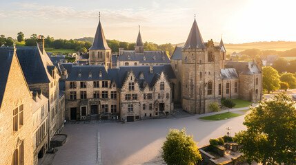 Obraz premium Majestic castle courtyard sunrise, scenic French countryside background, perfect for travel brochures