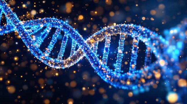 Bright DNA strand glowing with binary code, luminous particles around it on a dark abstract background. Concept of genetics and data fusion. Ai generative