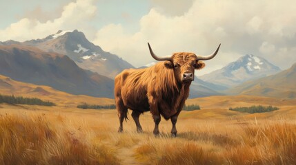 Majestic Highland Cow Standing Proudly in a Scenic Moorland Landscape Surrounded by Mountains and Nature's Beauty