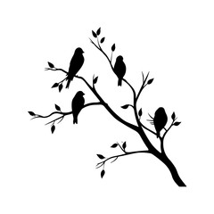 Black Birds with branches silhouette vector illustration on white background.