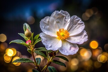 Obraz premium Night Bloom: White Rockrose (Cistus albidus) with Delicate Pink Flower Under Moonlight