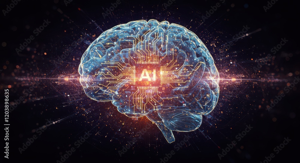 Poster digital brain with circuit, concept of artificial intelligence