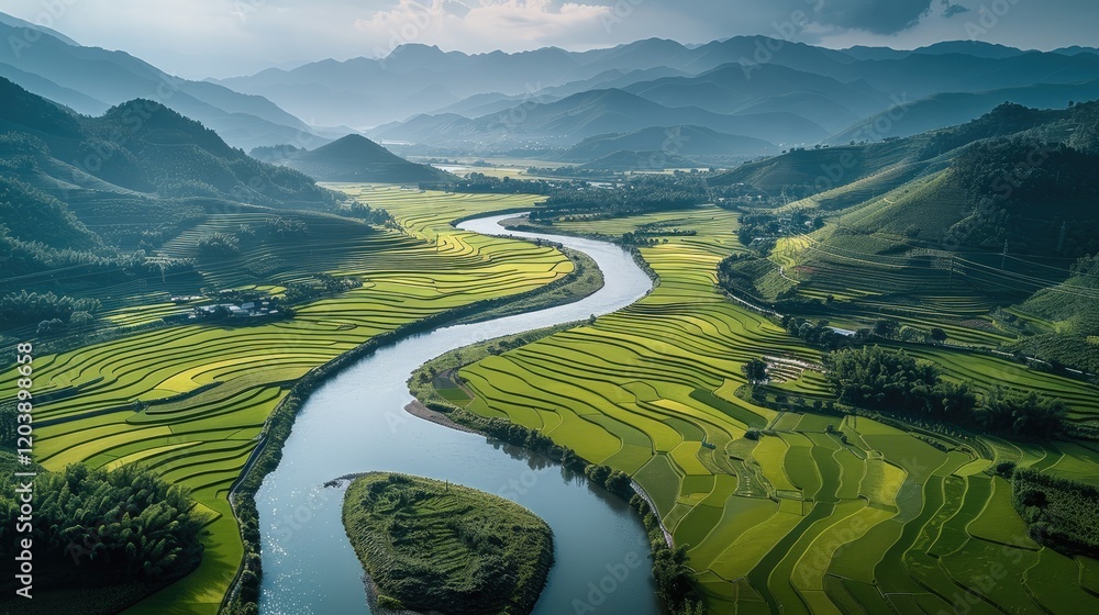 Poster a stunning scenery with a semi overhead view, and a large river as the foreground, winding towards d