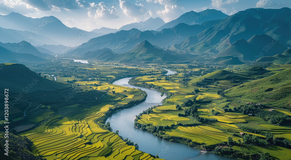 Aufkleber a stunning scenery with a semi overhead view, and a large river as the foreground, winding towards d