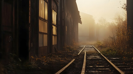 Misty autumn morning, abandoned railway tracks leading to foggy industrial buildings; evocative imagery for travel, industry, or nostalgic themes