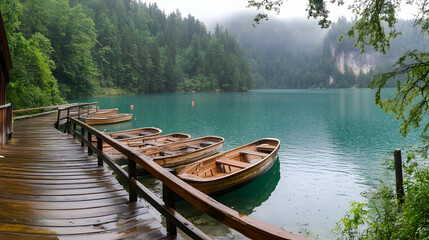 Obraz premium Misty mountain lake boats dock rain