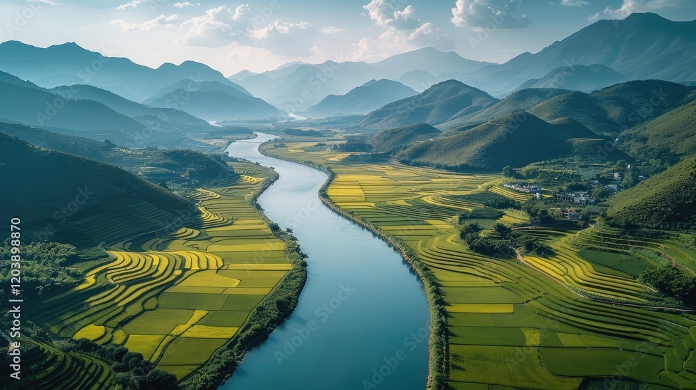 Poster a stunning scenery with a semi overhead view, and a large river as the foreground, winding towards d