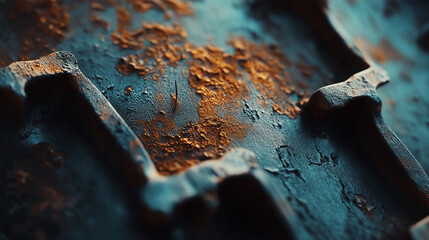 Close up of a rusty metal object. The object is covered in rust and has a brownish blue color texture