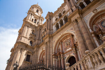 Fototapeta premium Bell tower of the Cathedral of the Incarnation of Malaga, Spain. The basilica is one of the most important Renaissance monuments in Andalusia.