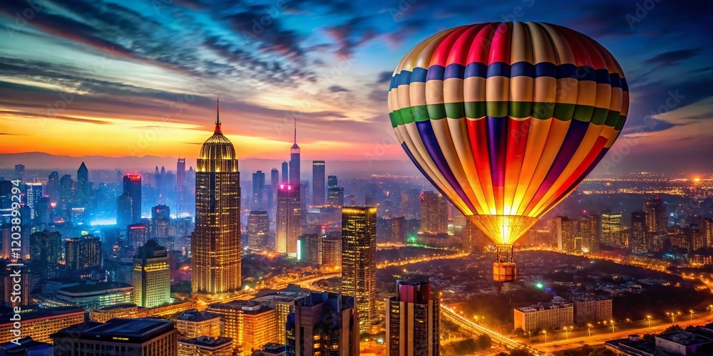 Wall mural Night City Skyline Hot Air Balloon Adventure - Colorful Aerial View