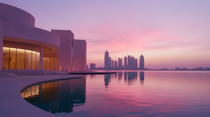 Obraz premium Modern villa sunrise waterfront city skyline reflection pool