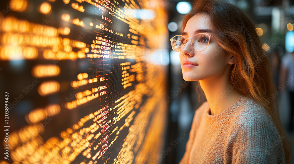 Poster woman with glasses observing abstract glowing data display technology in futuristic setting
