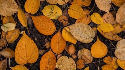 Orange autumn fallen leaves on ground close up. Background texture for backdrops or mapping