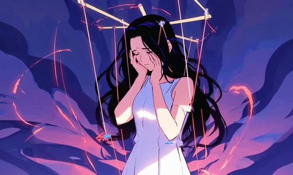 The woman is shown as a puppet whose strings being pulled by invisible forces. Her face is buried in her hands struggles control emotions, anime-style