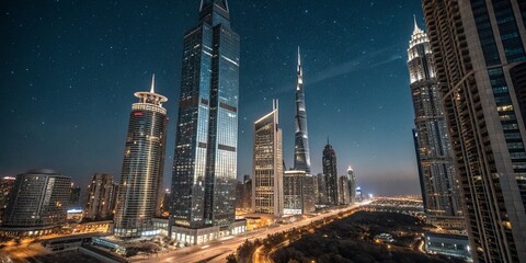 Fototapeta premium Night Cityscape Drone Shot: Illuminated Skyscrapers & Urban Lights