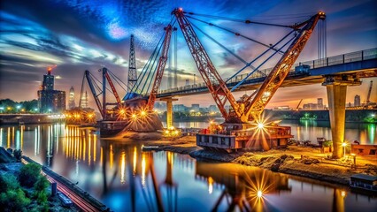 Night Construction: Crawler Cranes Rebuilding Bridge Over River