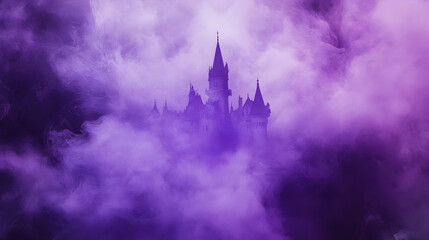 Mysterious castle shrouded in purple mist; fantasy illustration, ideal for game design or book cover